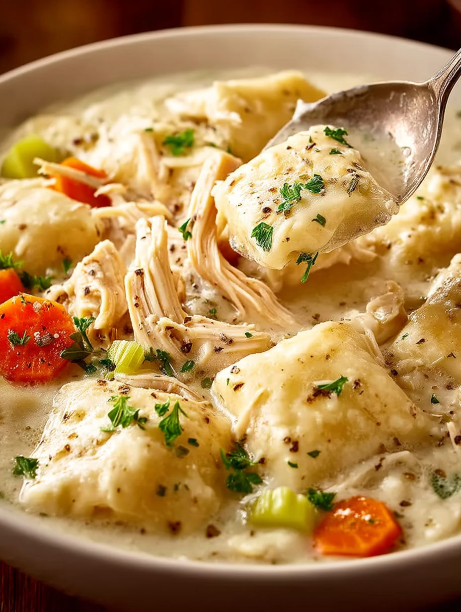 A bowl of Cracker Barrel Chicken and Dumpling Soup.