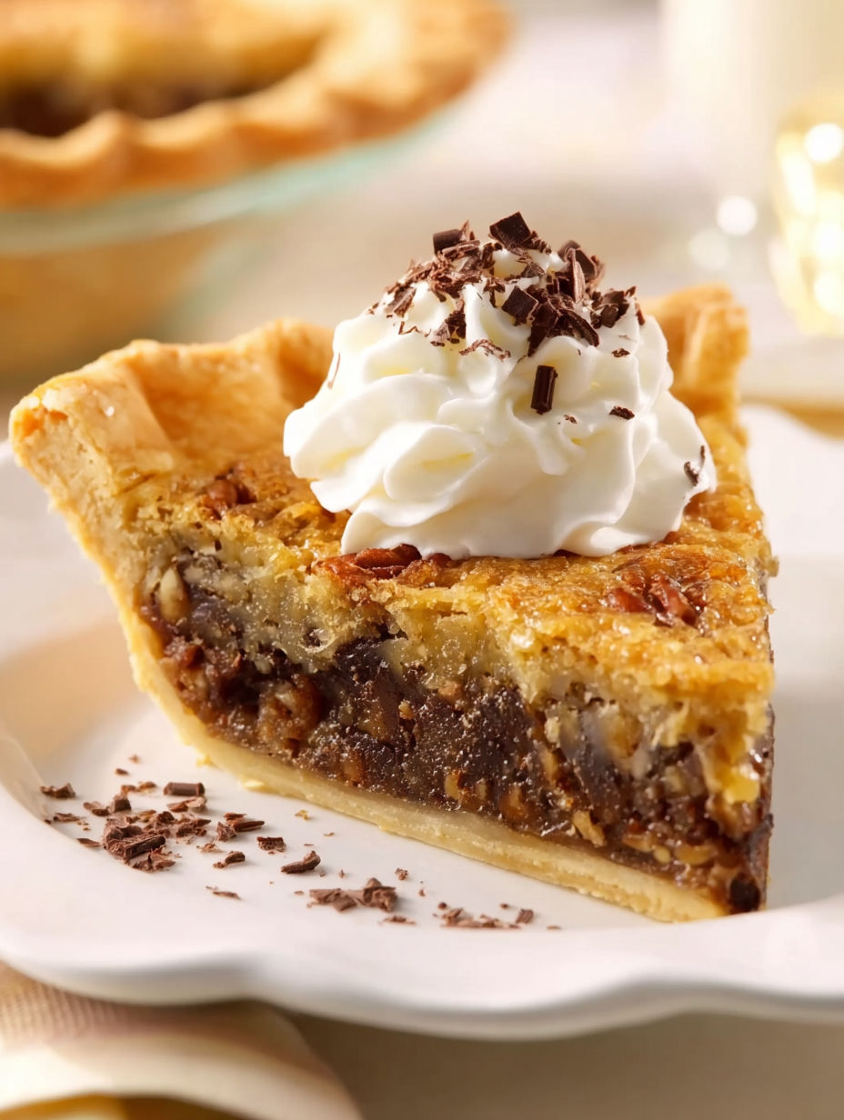 A slice of Kentucky Derby pie with whipped cream on top.