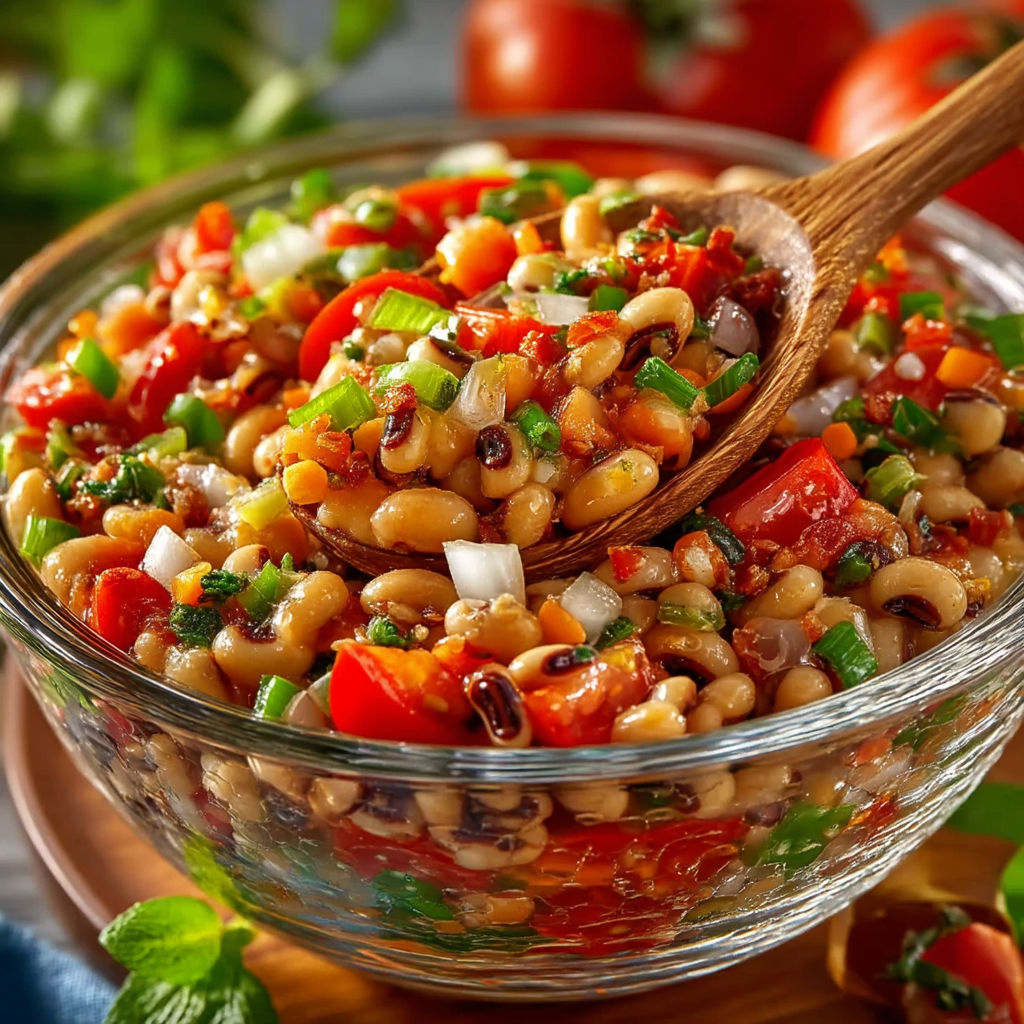 A bowl of black eyed pea salad.