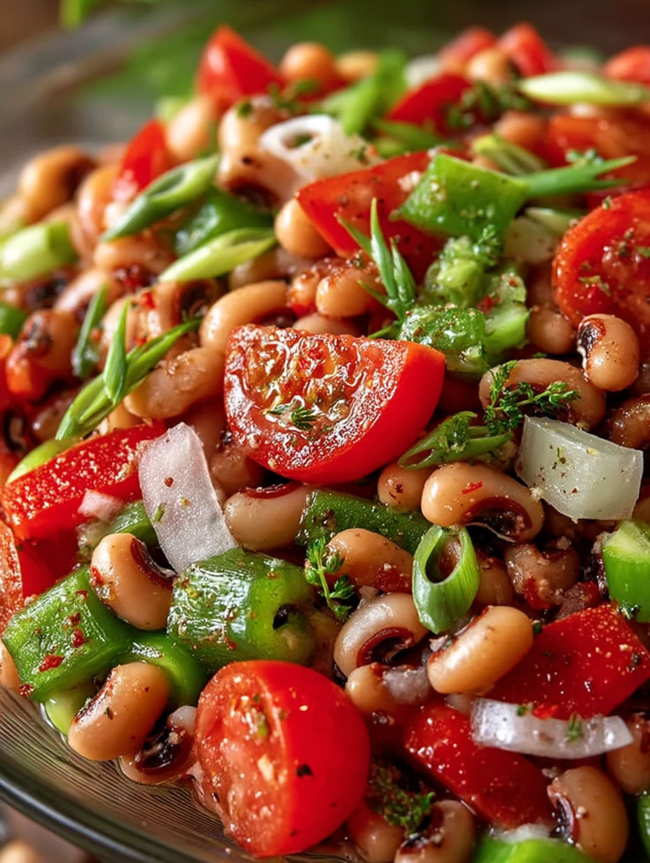 A bowl of black eyed pea salad.