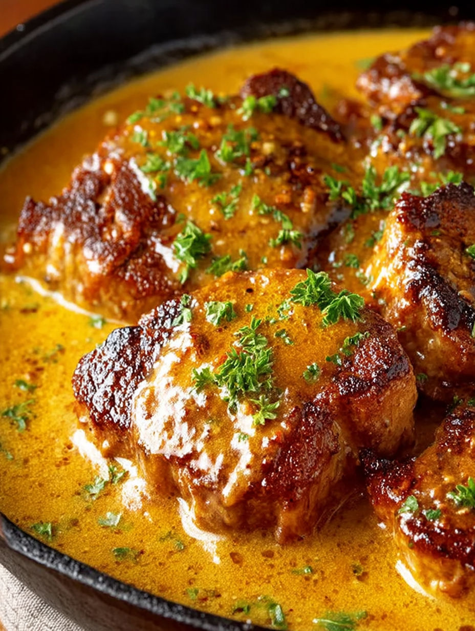 A dish of smothered pork chops.