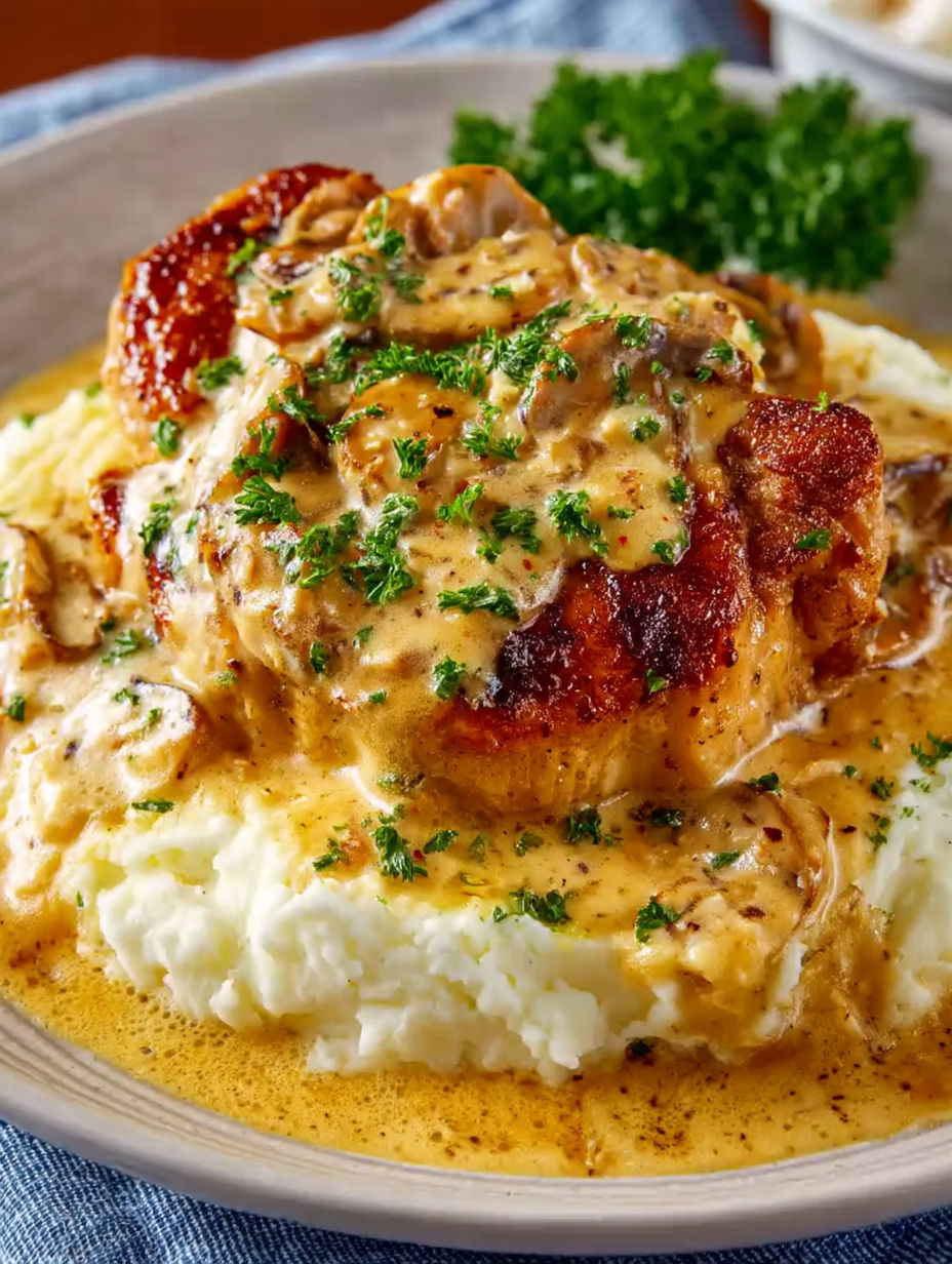 A plate of smothered pork chops.