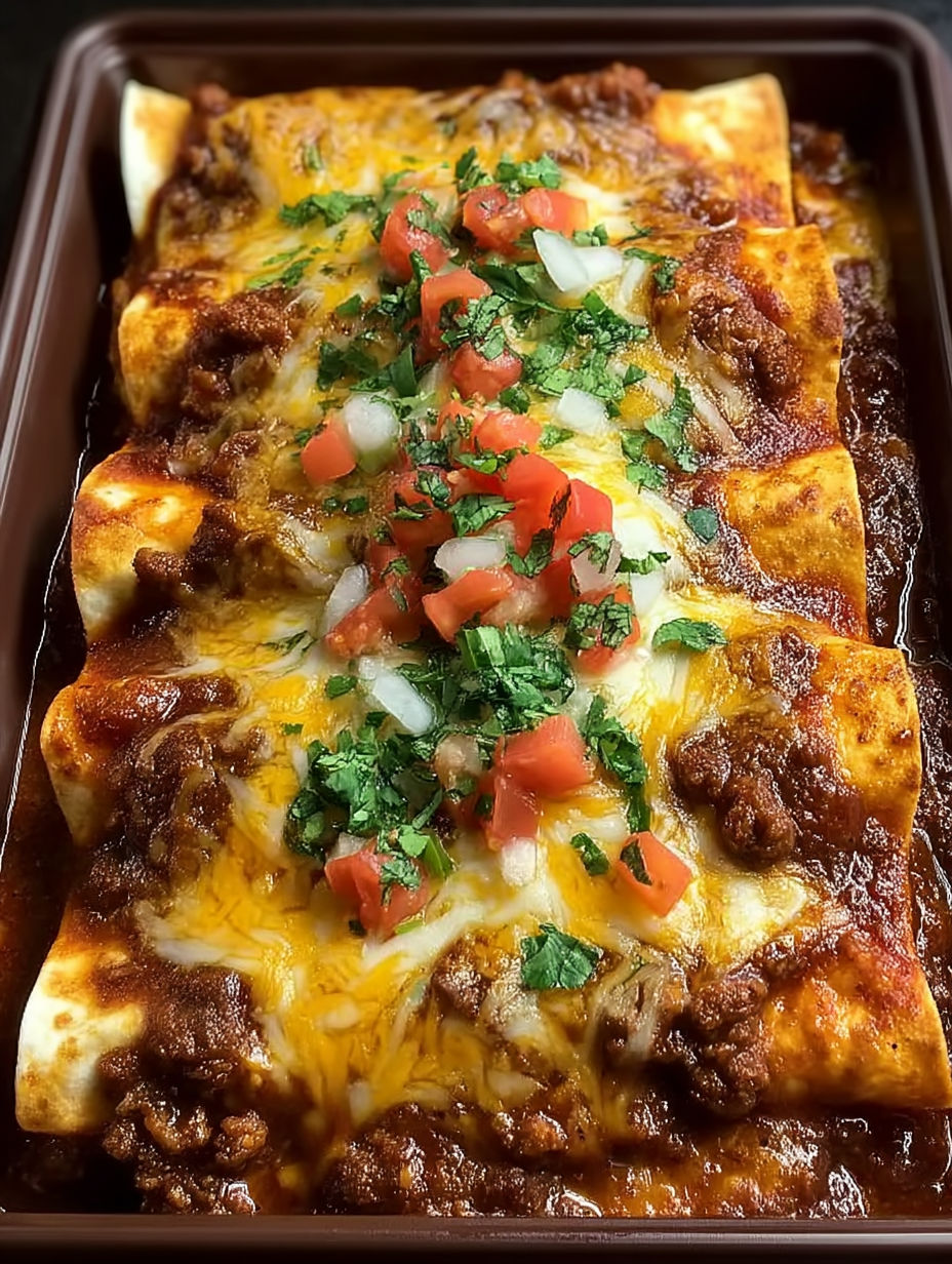 A dish of ground beef potato enchiladas.