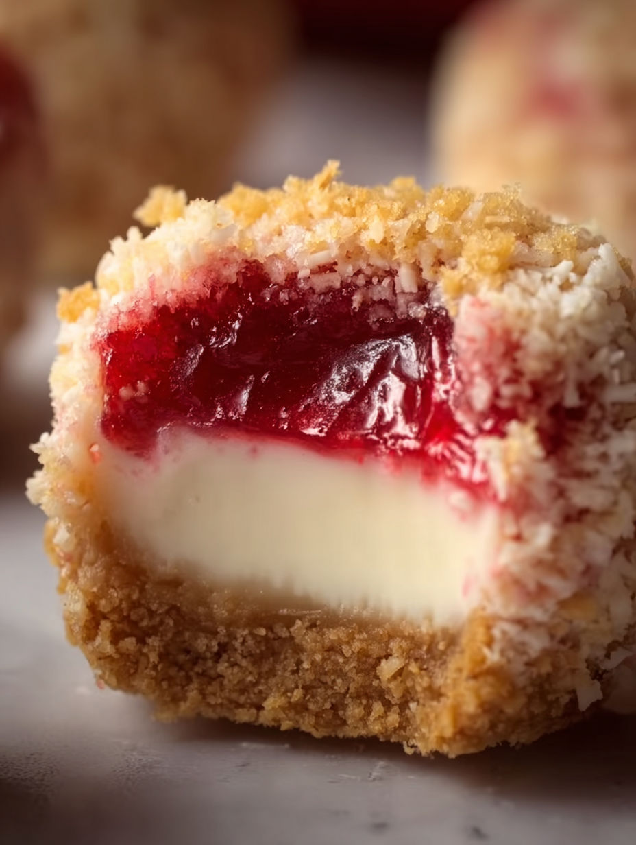 A slice of strawberry crunch cheesecake.