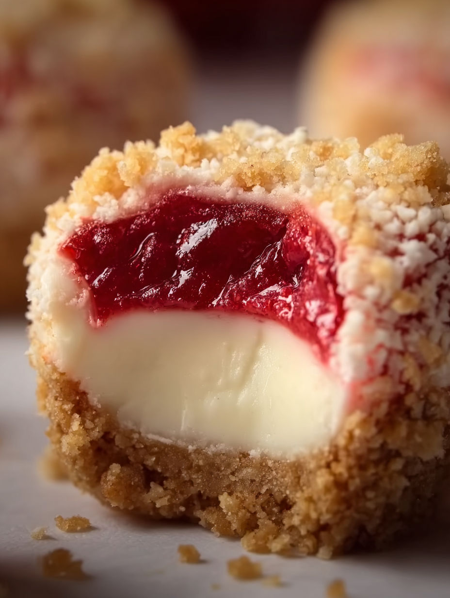 A close up of a strawberry crunch cheesecake bite.