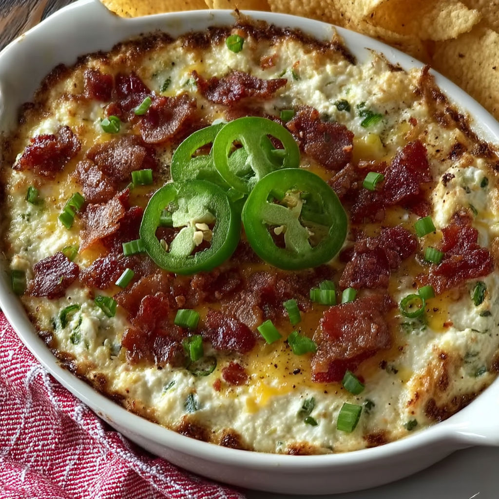 A creamy pizza dip with jalapenos on top.
