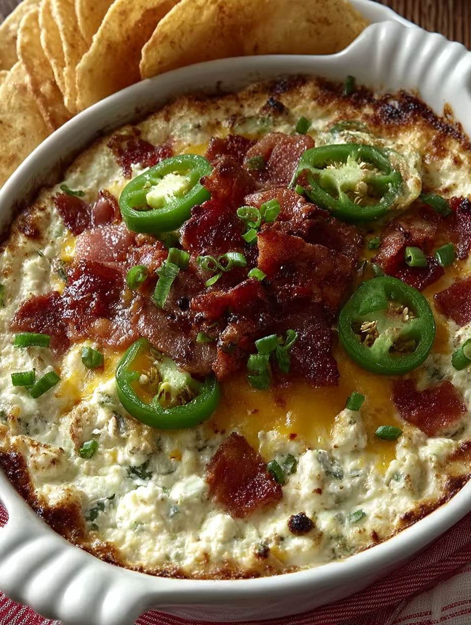 A creamy pizza dip with bacon and jalapenos.