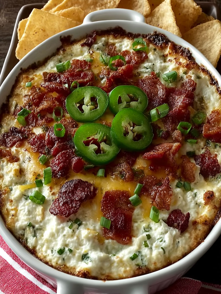 A creamy pizza dip with bacon and jalapenos.
