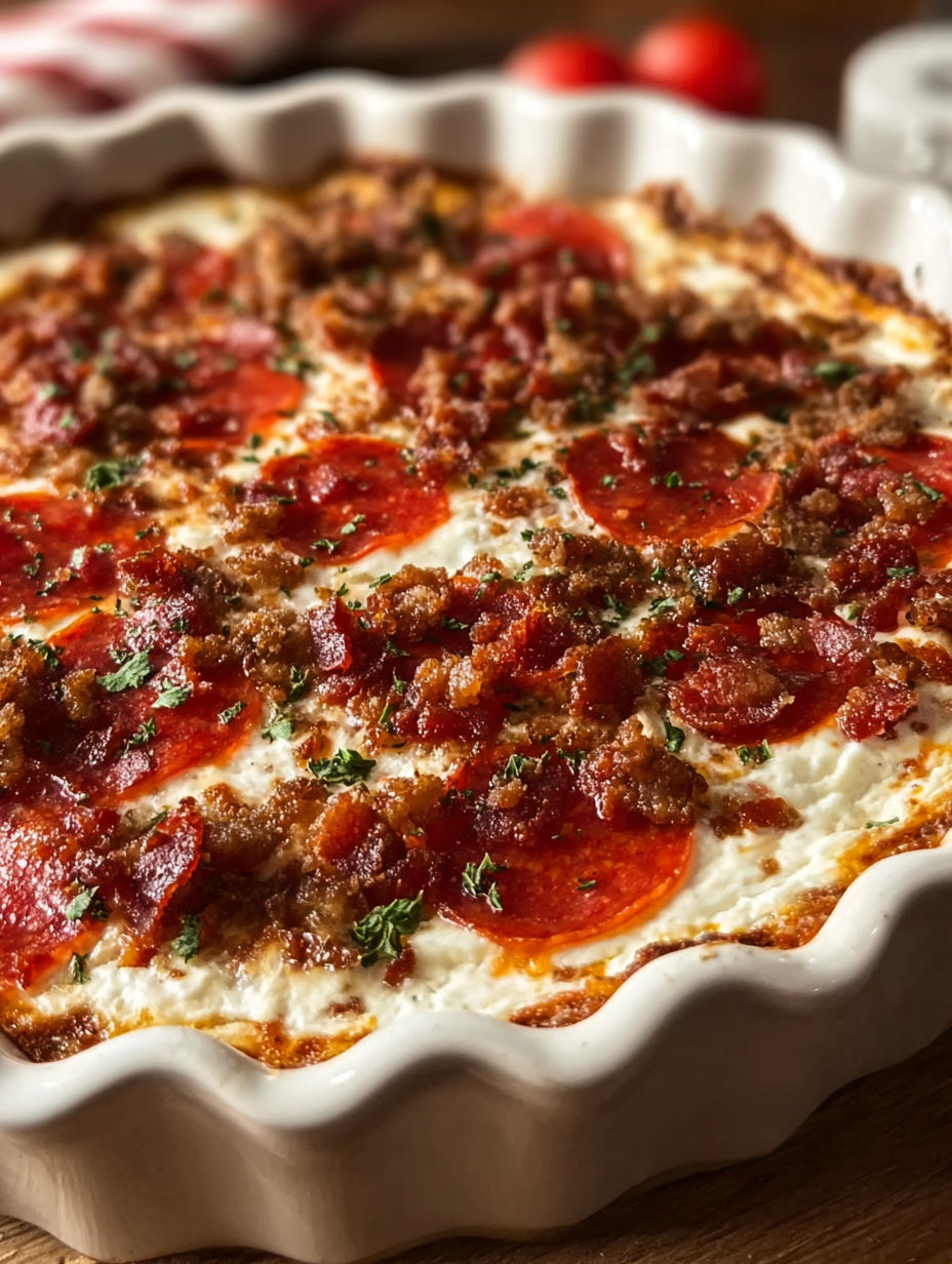 A creamy pizza dip with pepperoni and cheese.