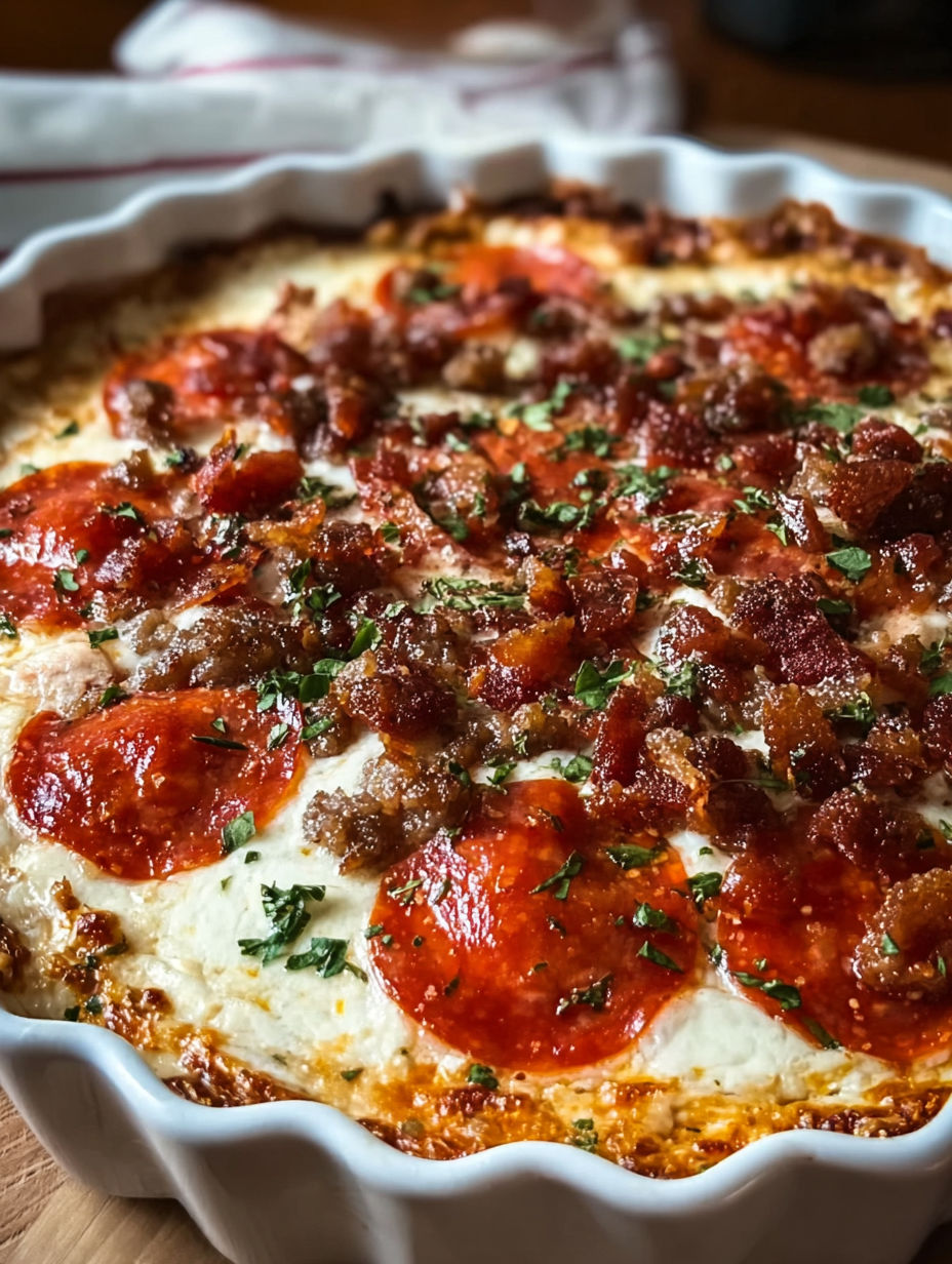 A creamy pizza dip with pepperoni and cheese.