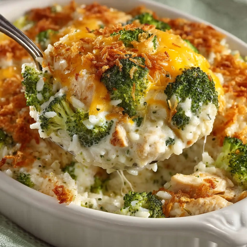 A white bowl filled with a cheesy chicken broccoli rice casserole.