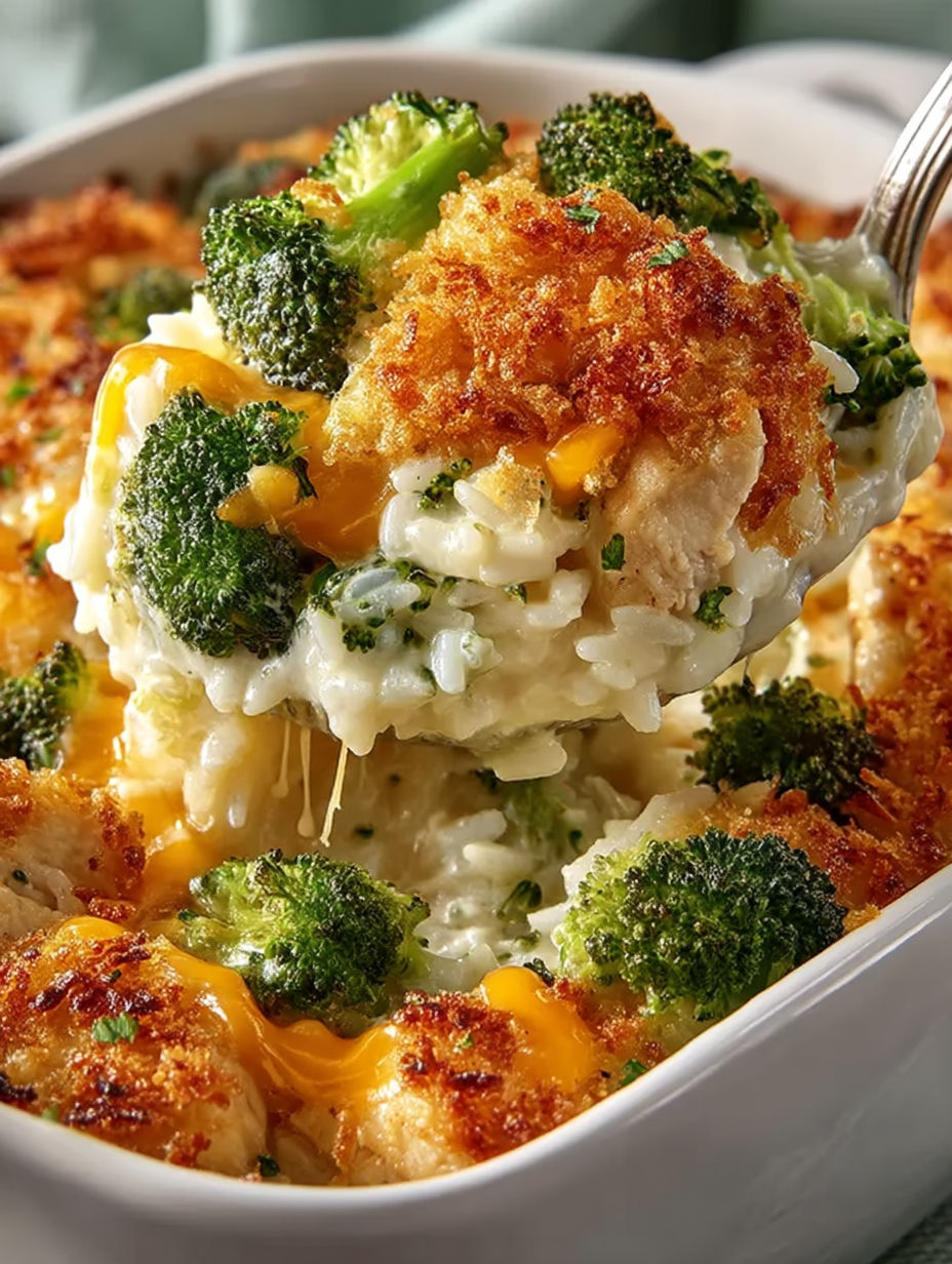 A close up of a cheesy chicken broccoli rice casserole.