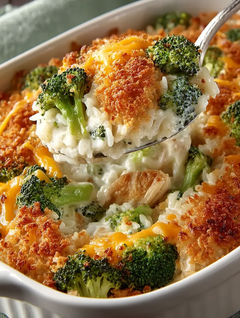 A bowl of cheesy chicken broccoli rice casserole.