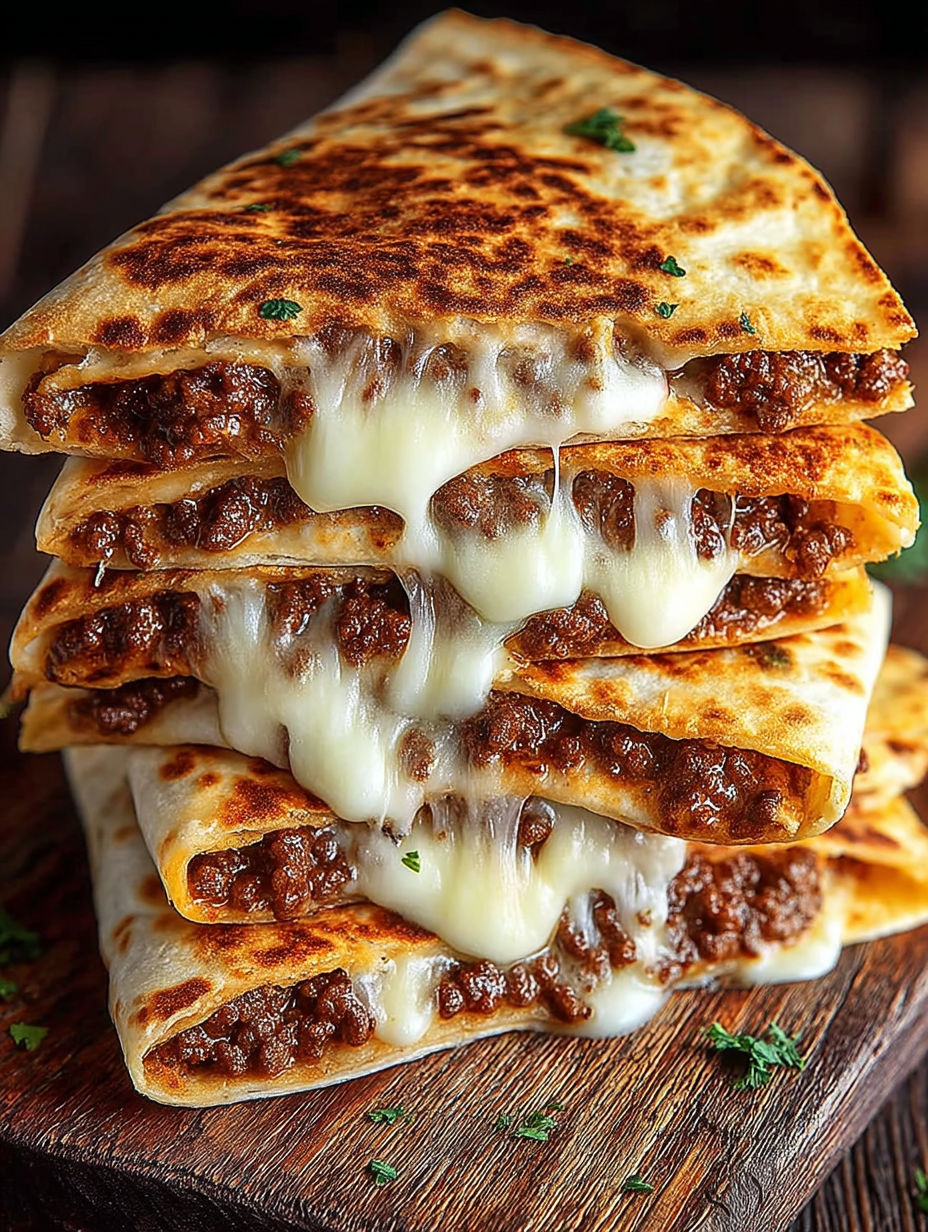 A stack of quesadillas with cheese and meat.