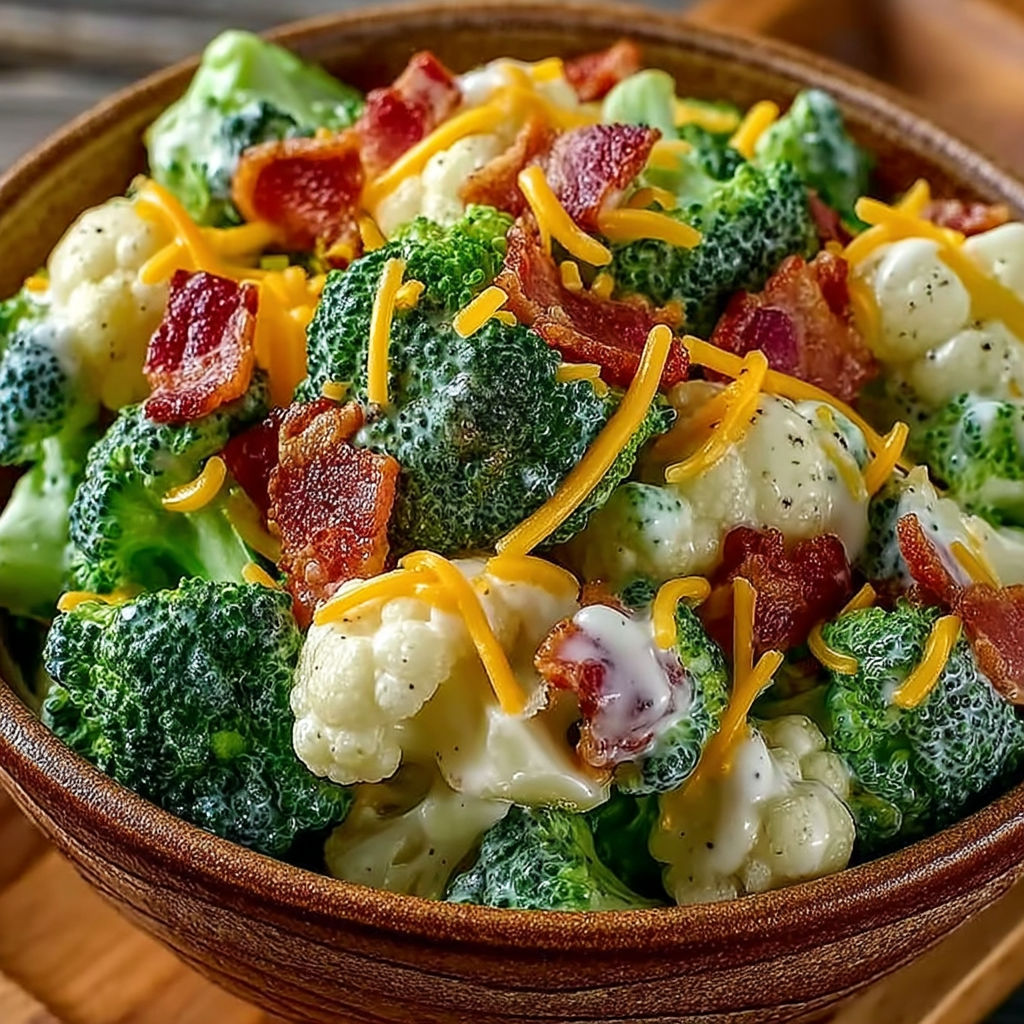 A bowl of broccoli and cauliflower salad with bacon.