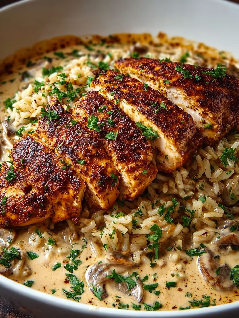 A piece of chicken with rice and mushrooms.