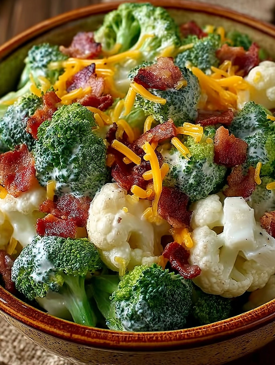 A bowl of broccoli and cauliflower salad with bacon.