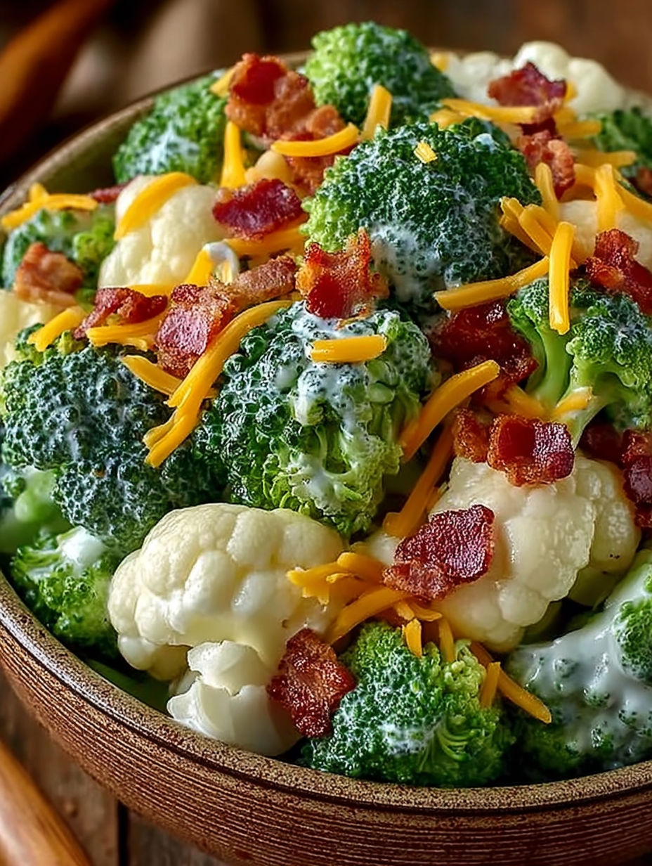 A bowl of broccoli and cauliflower with bacon bits.