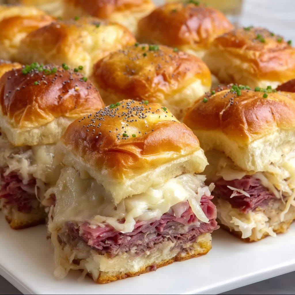 A plate of Reuben Corned Beef Sliders.