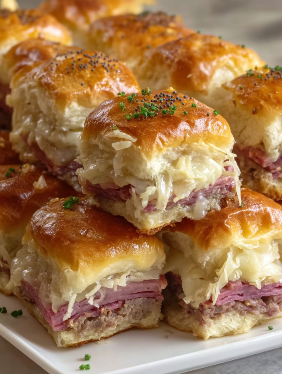 A stack of Reuben Corned Beef Sliders.