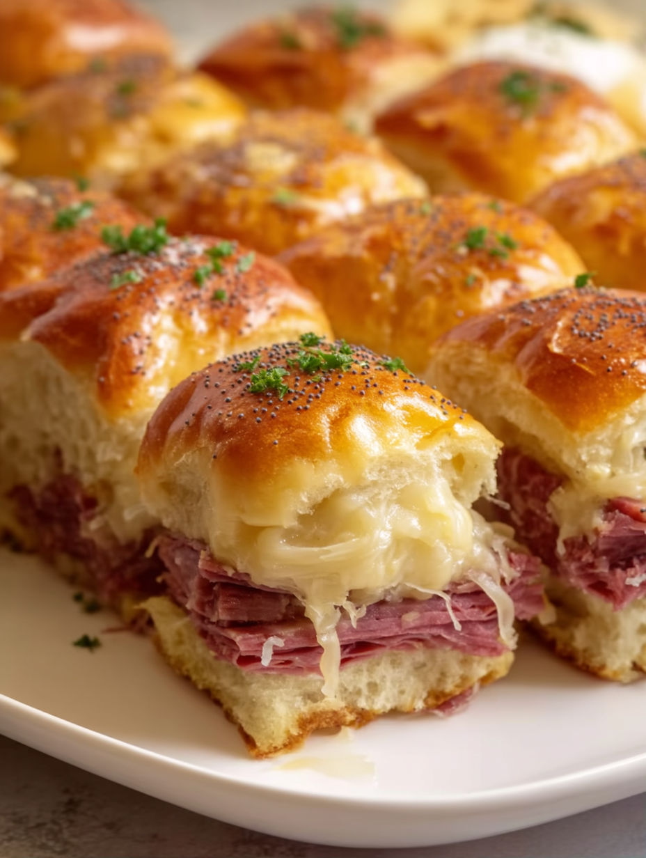 A plate of Reuben Corned Beef Sliders.