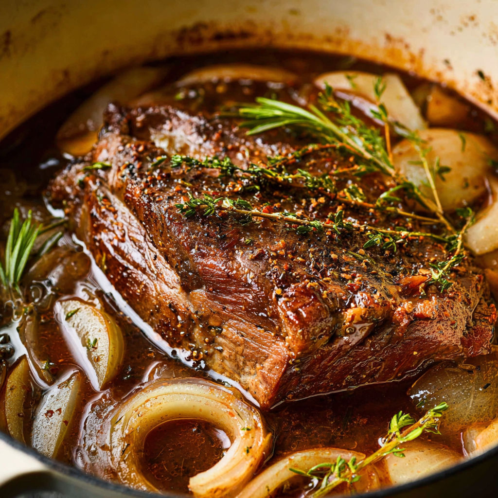 A pot of meat and onions.