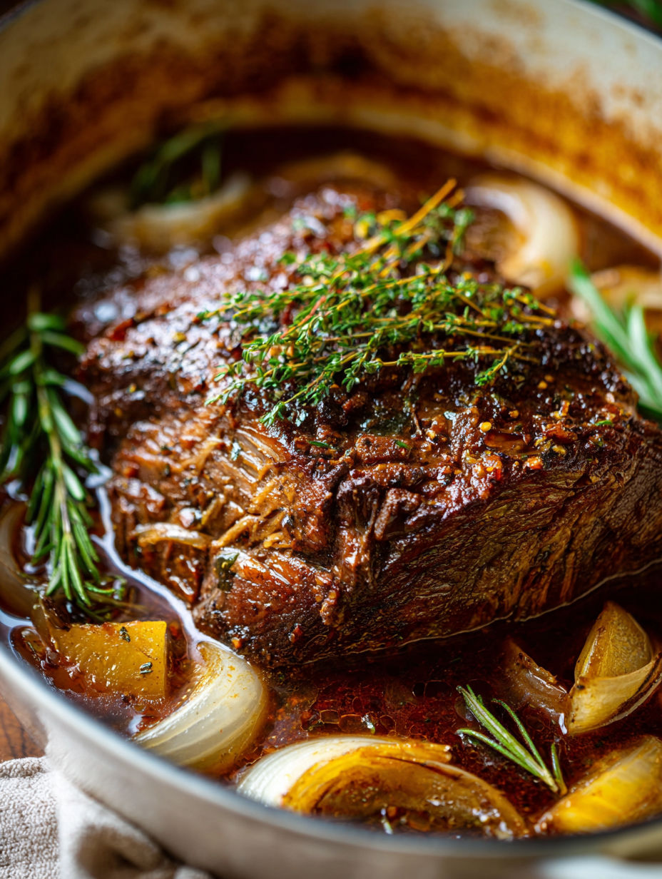 A close up of a pork shoulder in a stew.