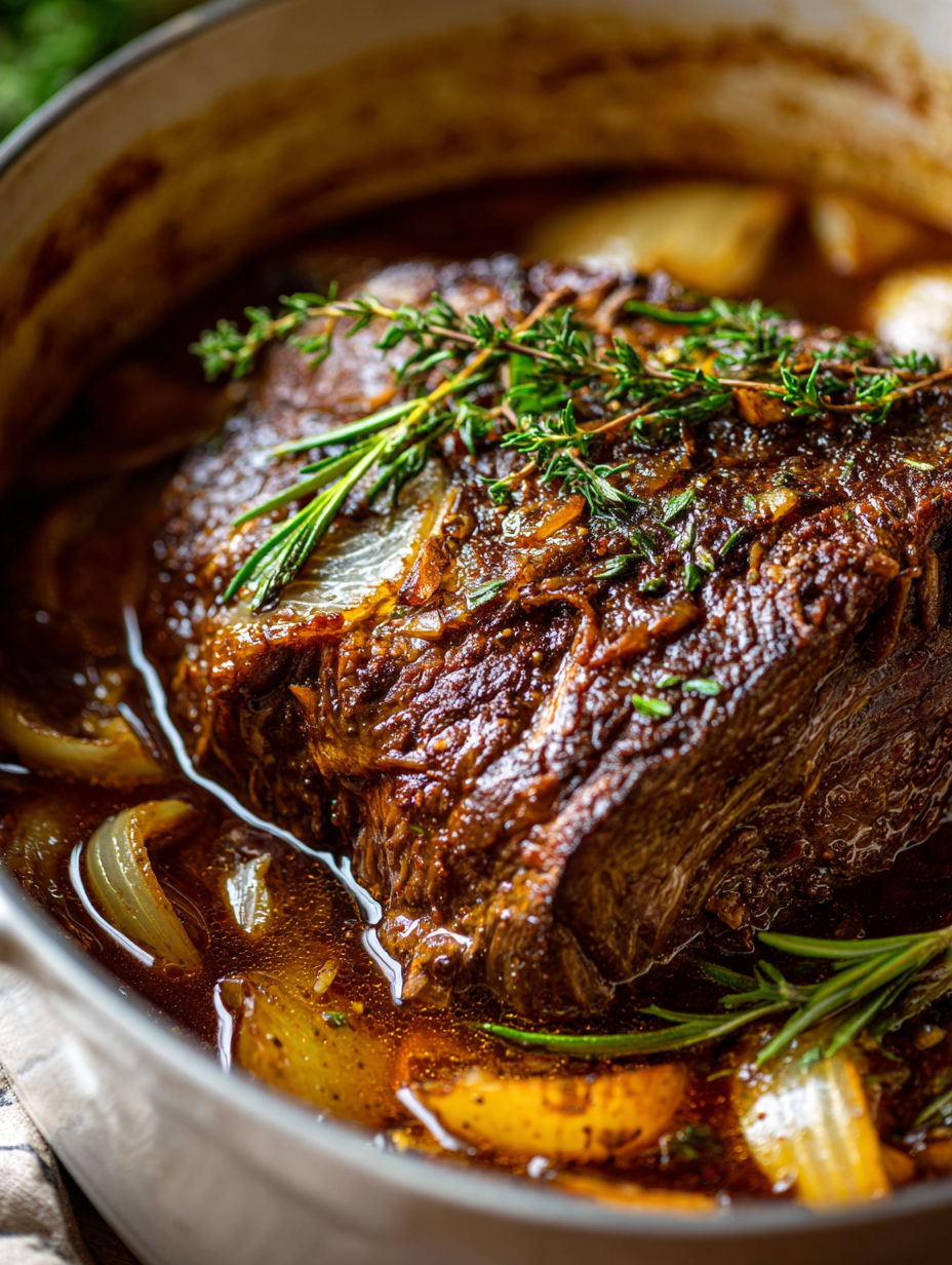 A close up of a pork shoulder in a pot of liquid.