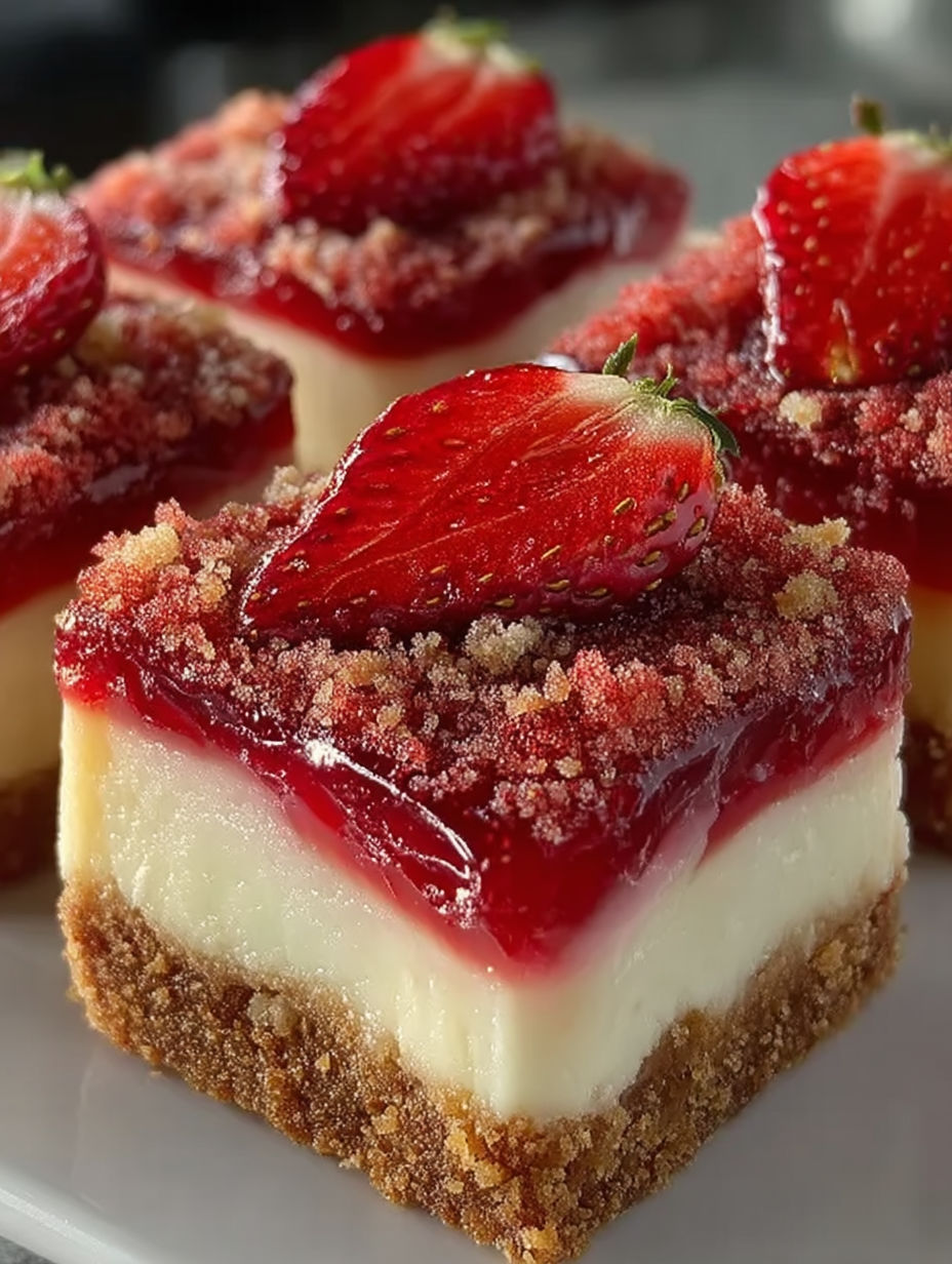 A close up of a strawberry crunch cheesecake bite.