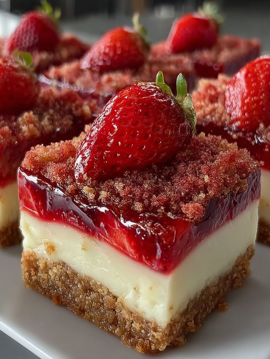 A close up of a strawberry crunch cheesecake bite.