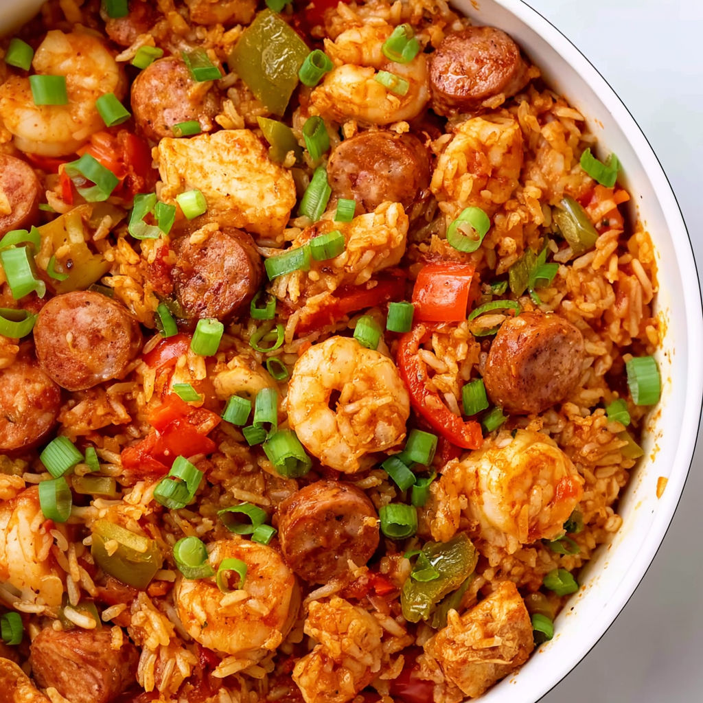 A bowl of jambalaya with sausage, rice, and peppers.