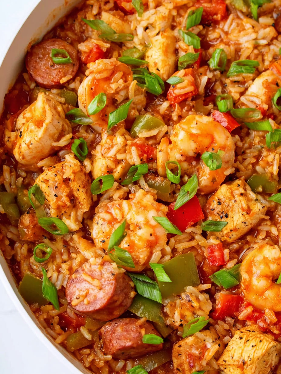 A bowl of jambalaya with rice, sausage, peppers, and onions.