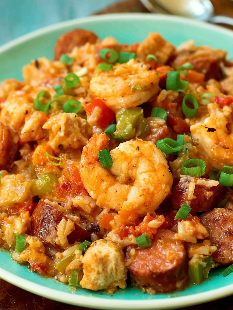 A plate of jambalaya with shrimp and rice.