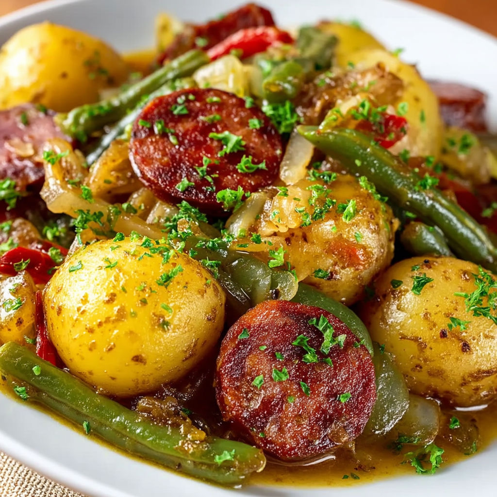 A plate of food with potatoes and sausage.