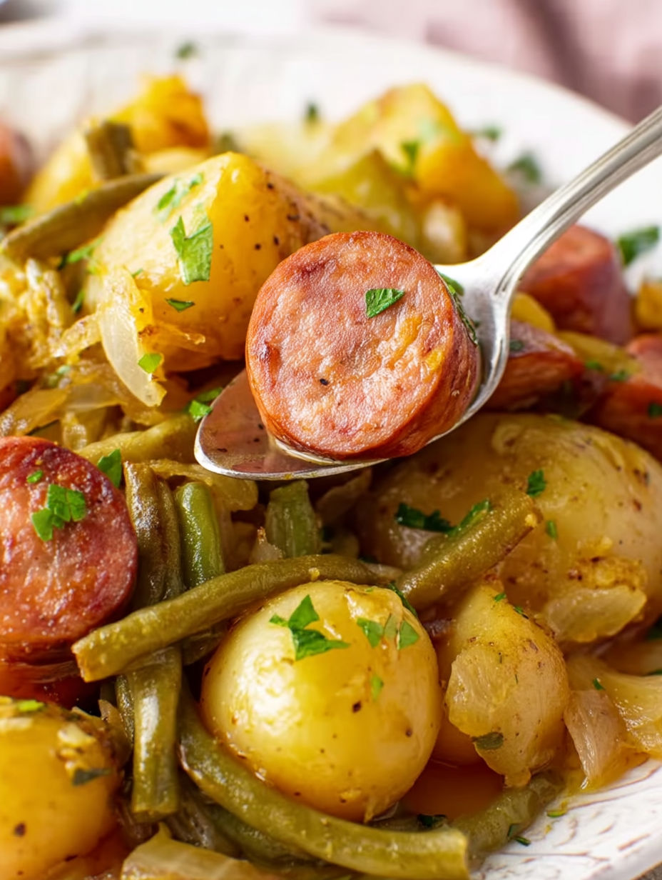 A fork is stuck in a plate of food.