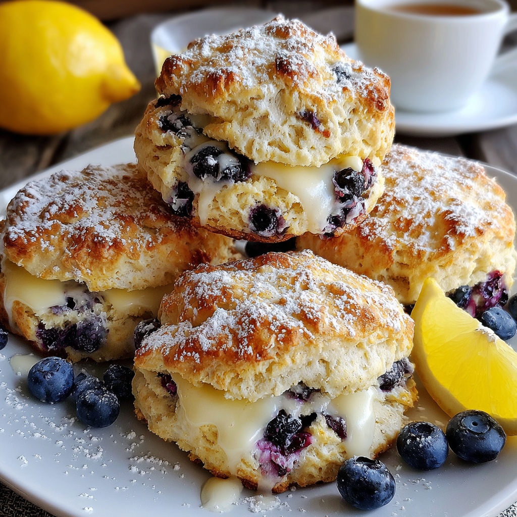 Fluffy blueberry lemon scones with powdered sugar.