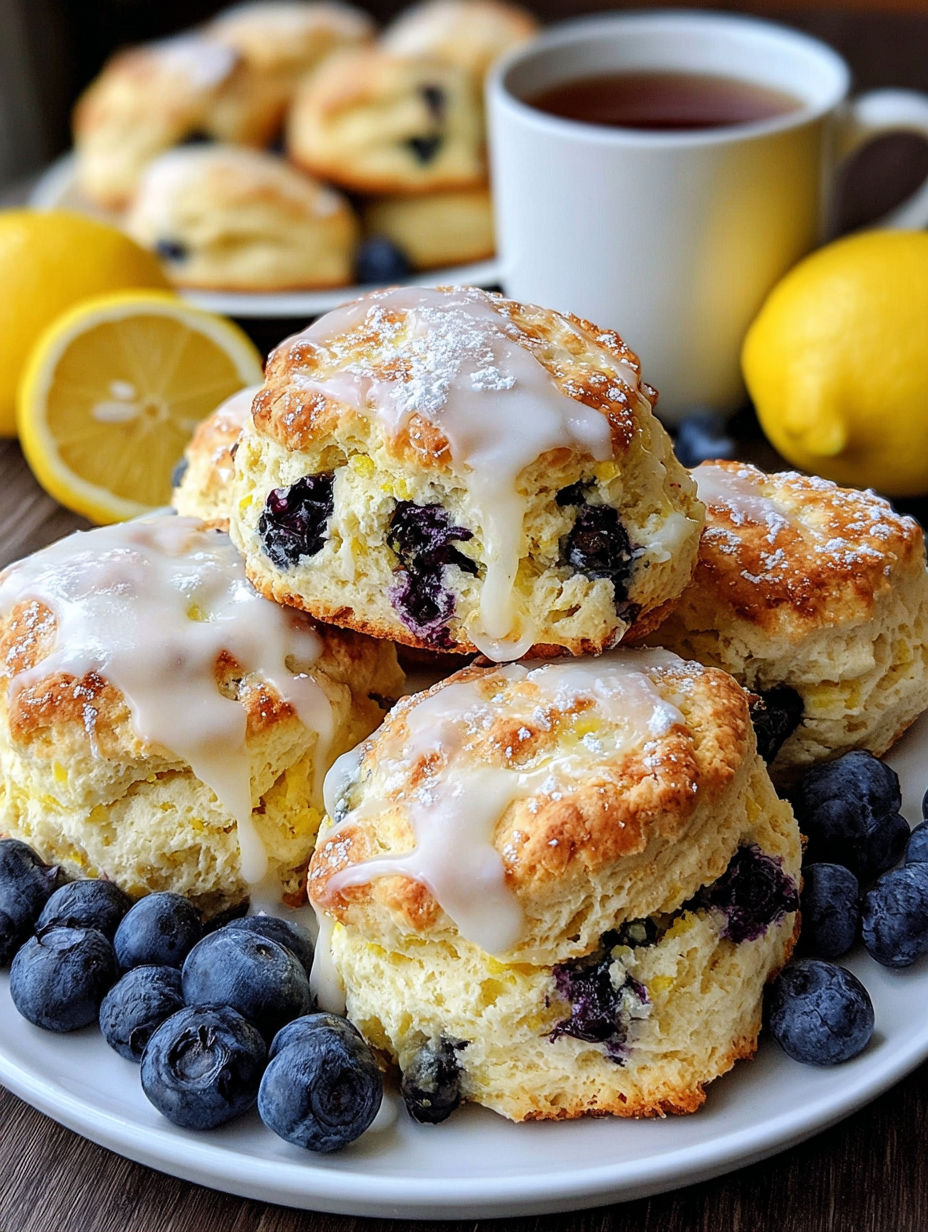 A plate of fluffy blueberry lemon scones.