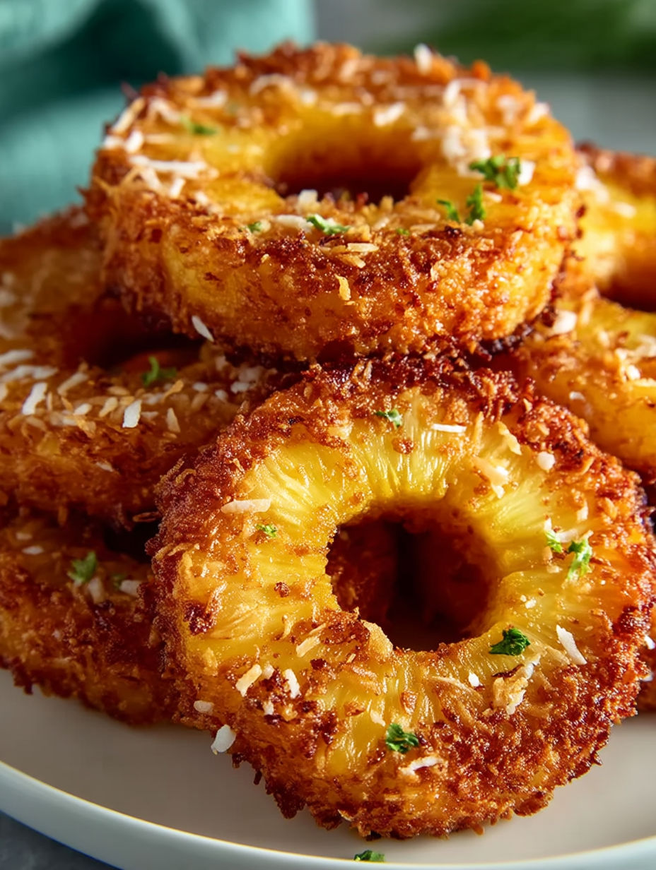 Fried pineapple rings with coconut on top.