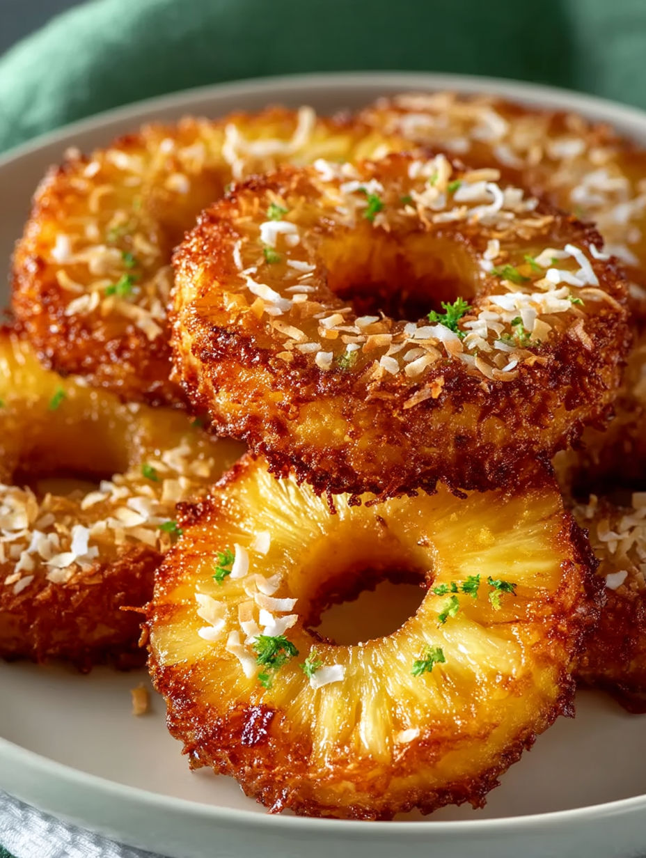 Fried pineapple rings on a plate.