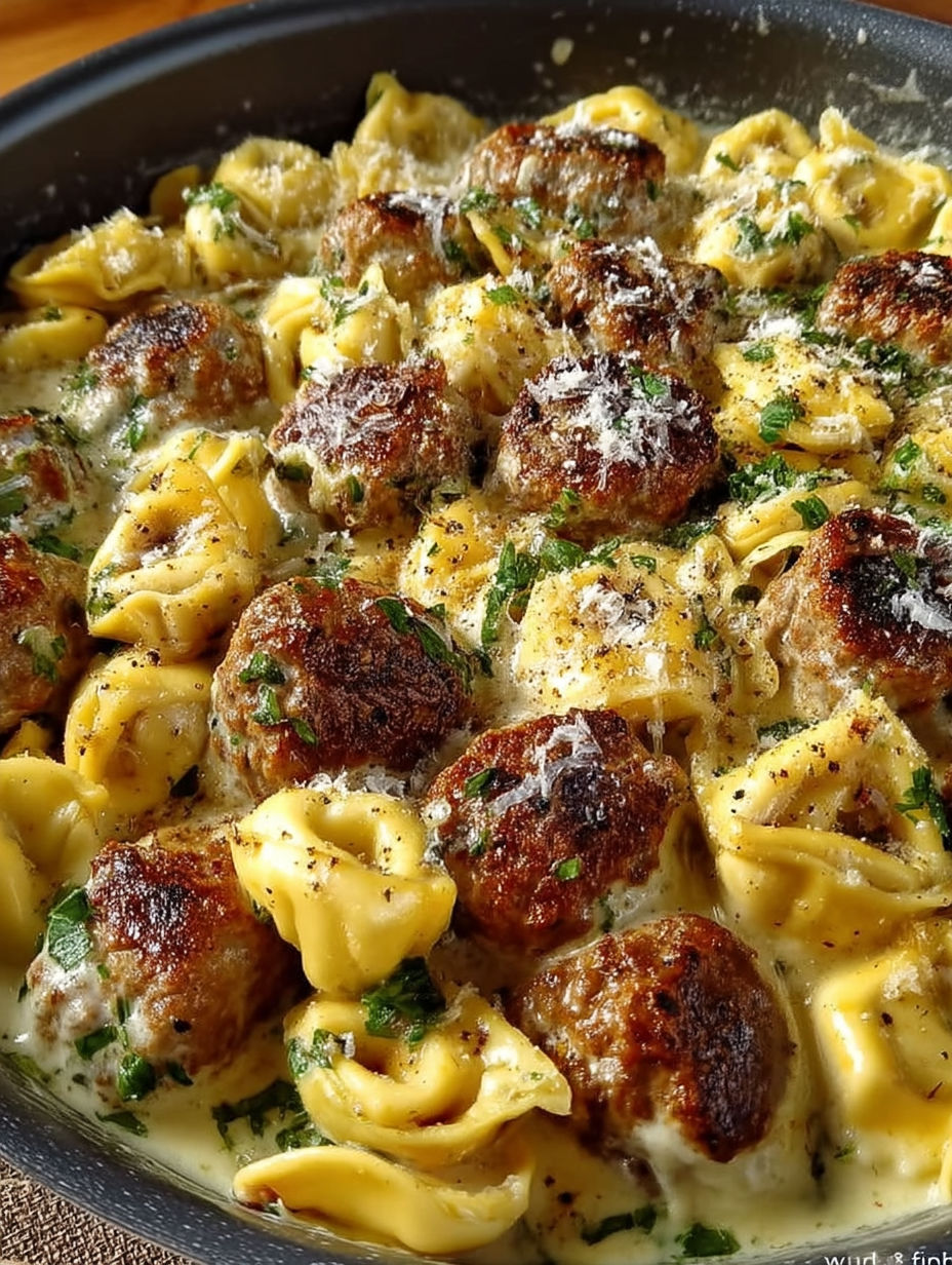 A close up of a dish with pasta and meat.