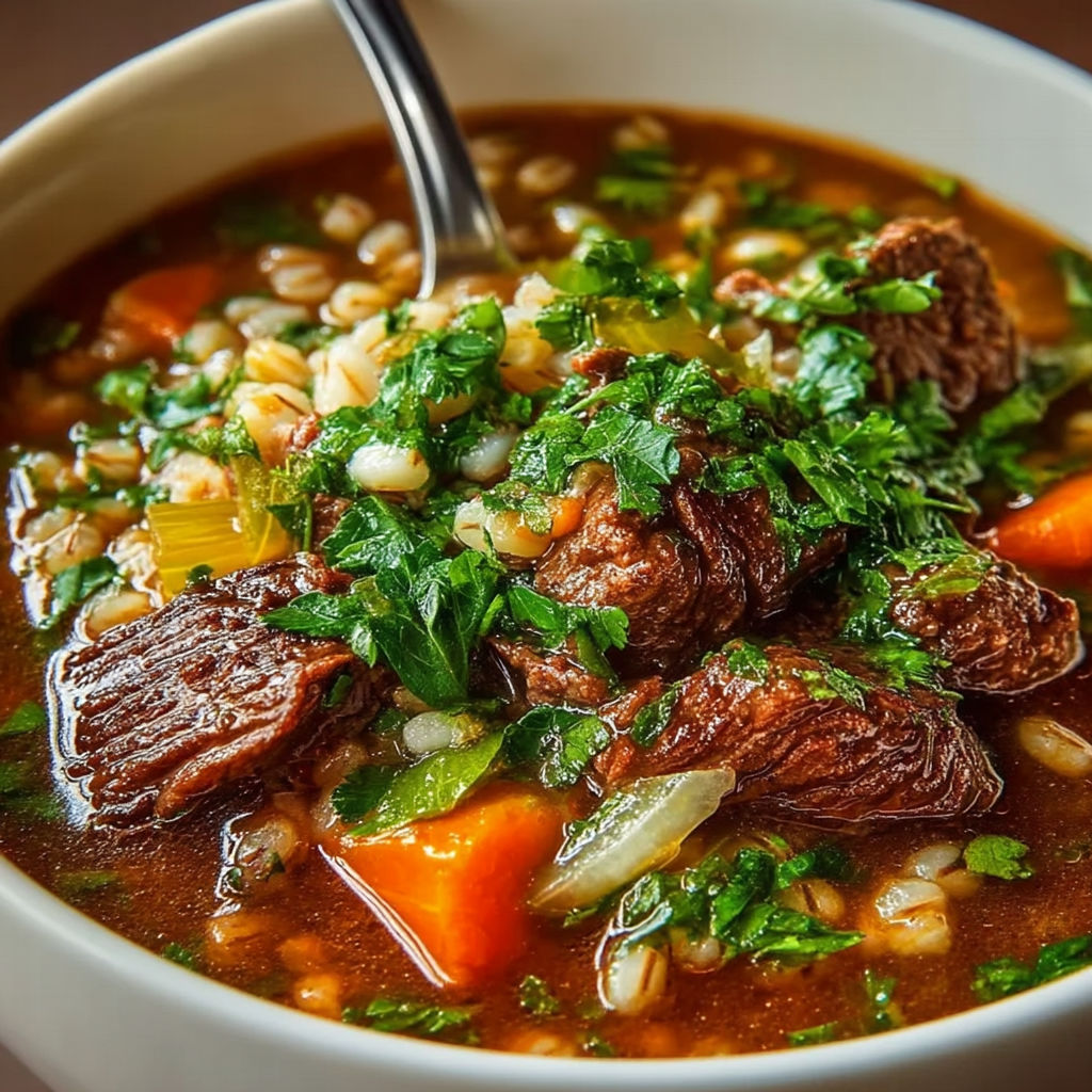 A bowl of beef barley soup with a spoon in it.