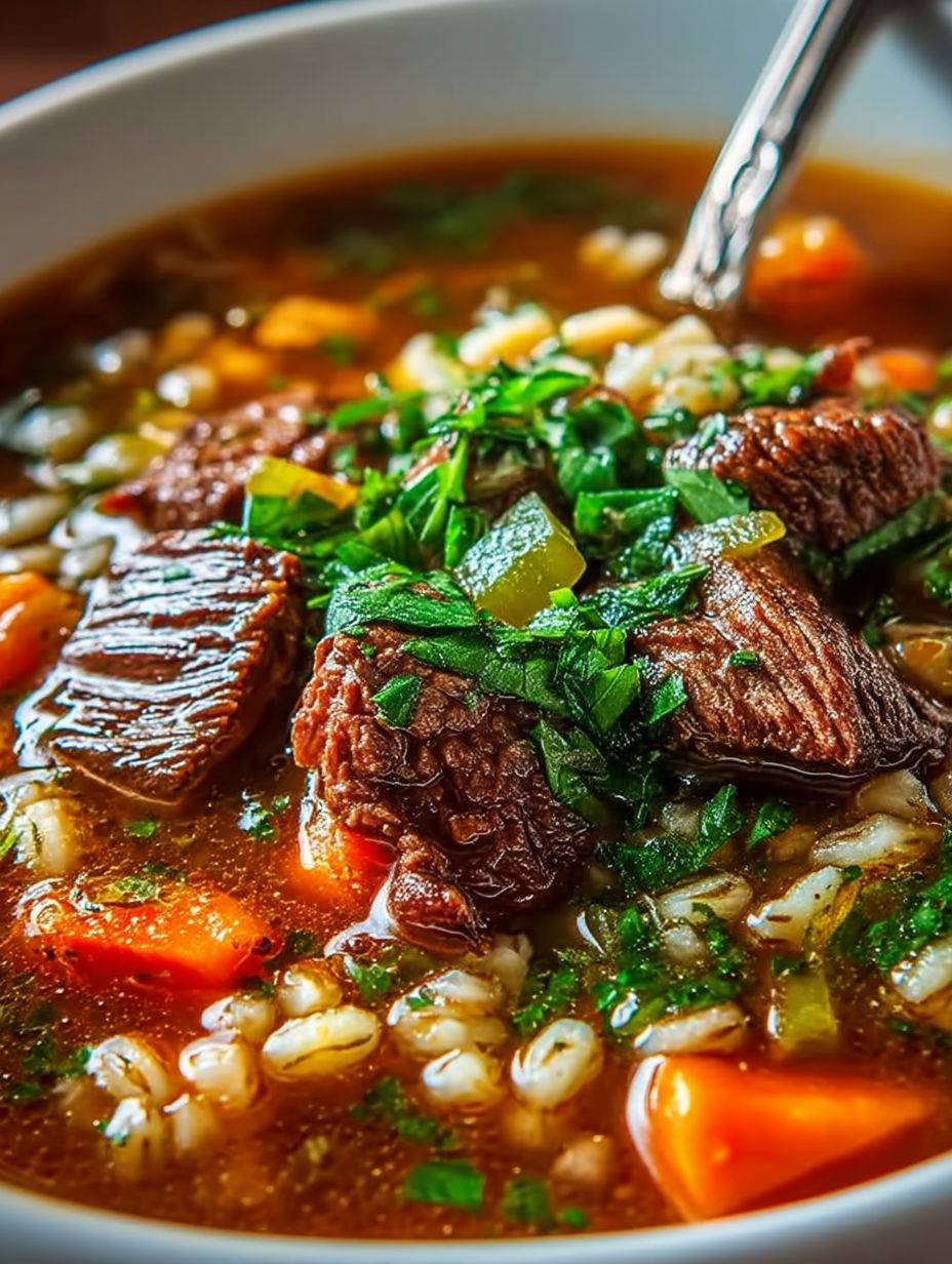 A close up of a bowl of beef barley soup.