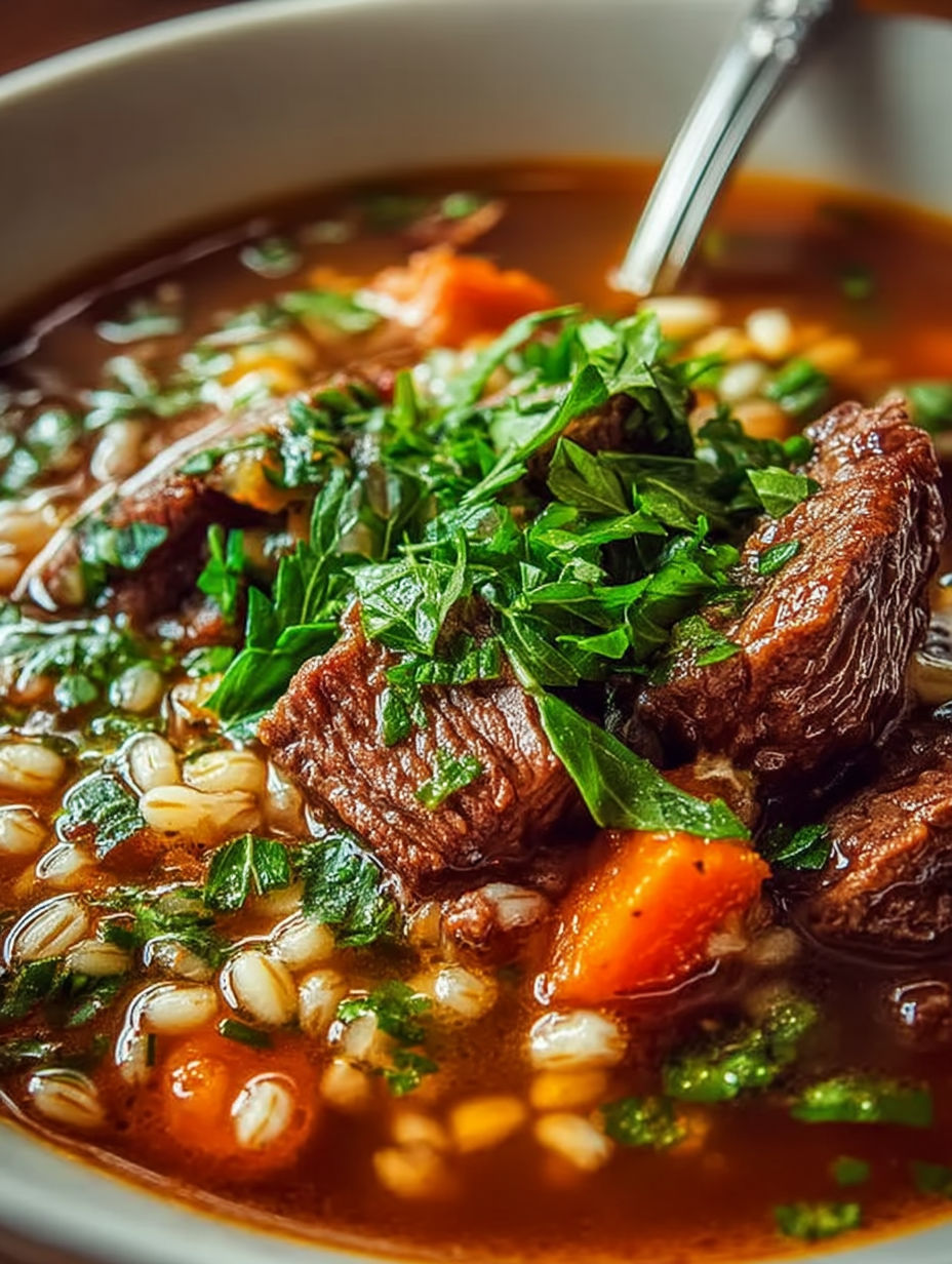 A bowl of beef barley soup with a spoon in it.