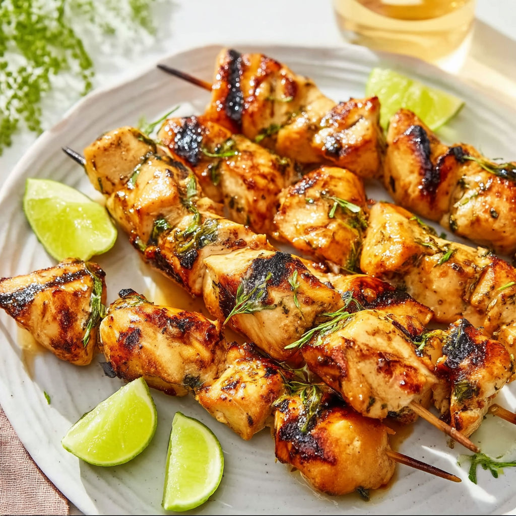 Grilled chicken skewers with honey and lime.