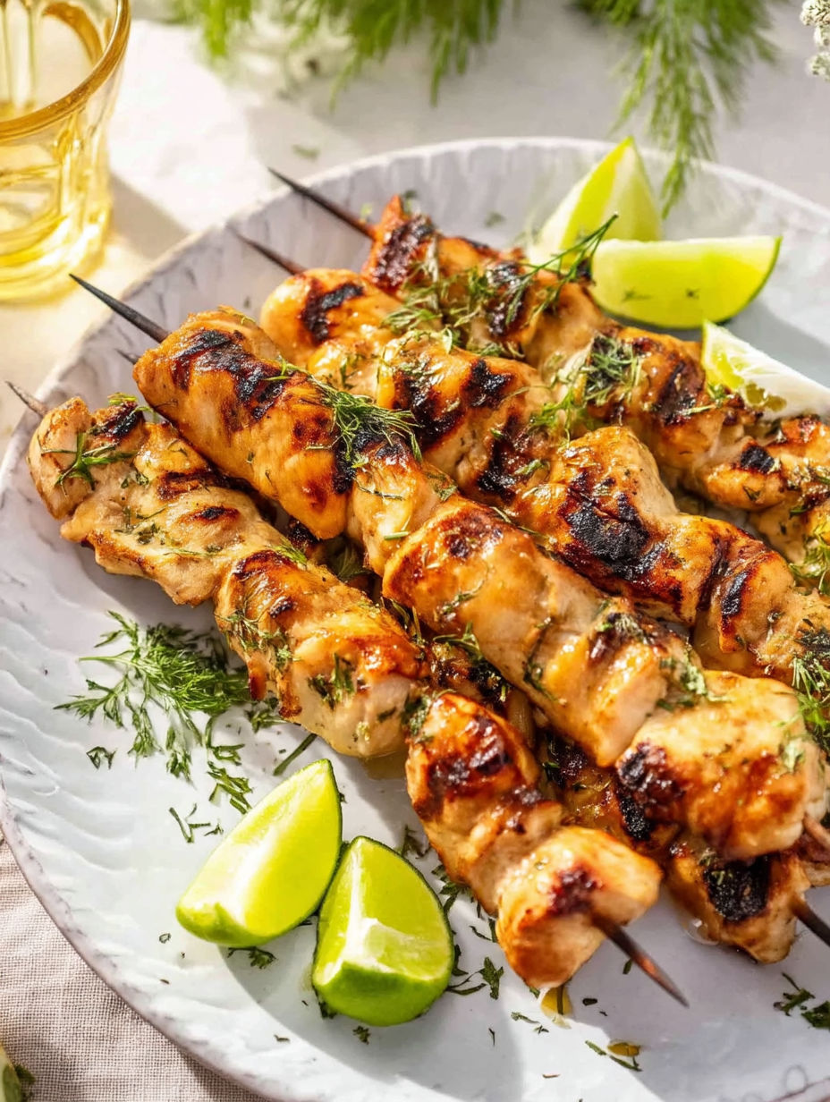 Grilled chicken skewers with lime and honey.