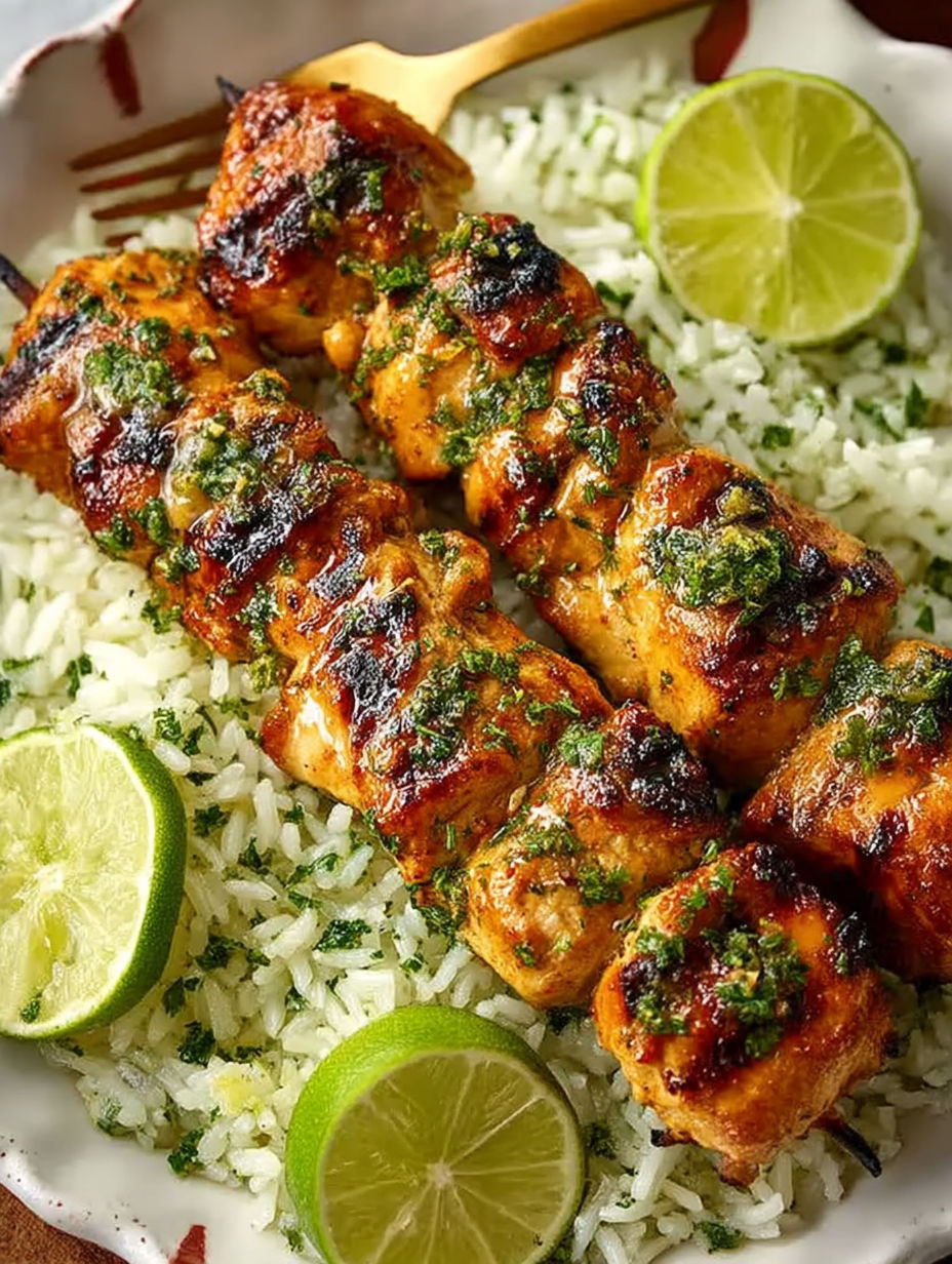 Grilled chicken skewers with lime and honey.