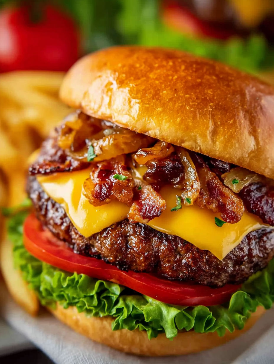 A close up of a burger with bacon and cheese.