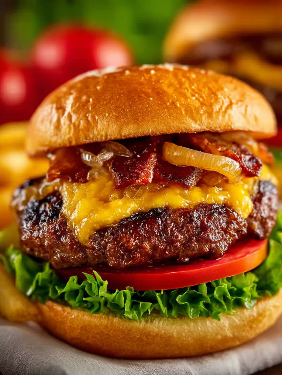A close up of a burger with bacon and onions.