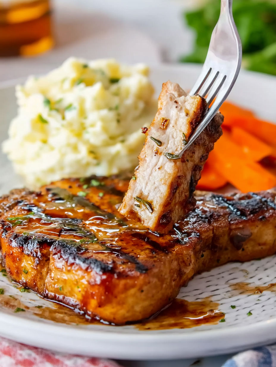 Grilled Balsamic Pork Chops with Mashed Potatoes and Carrots.