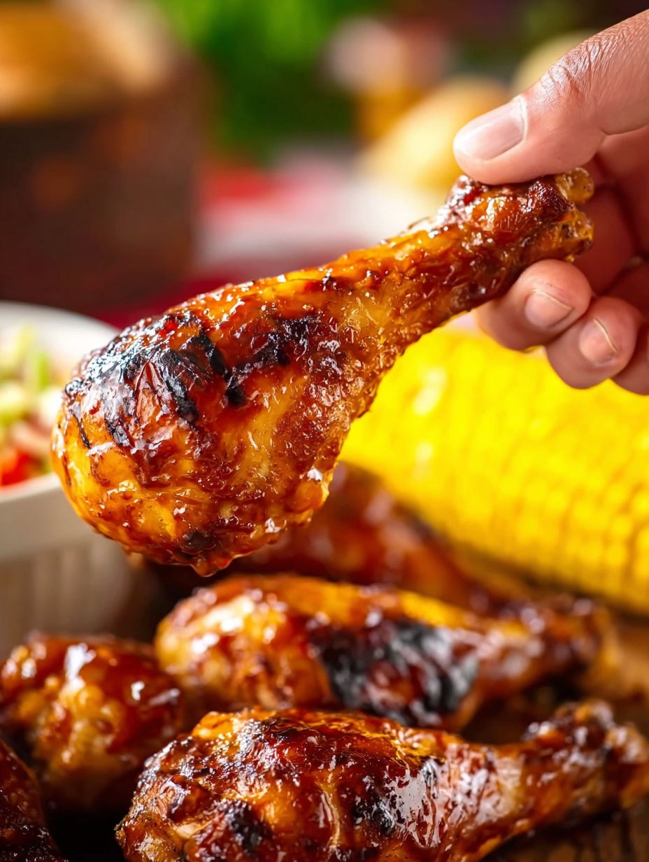 A person is holding a piece of grilled chicken.